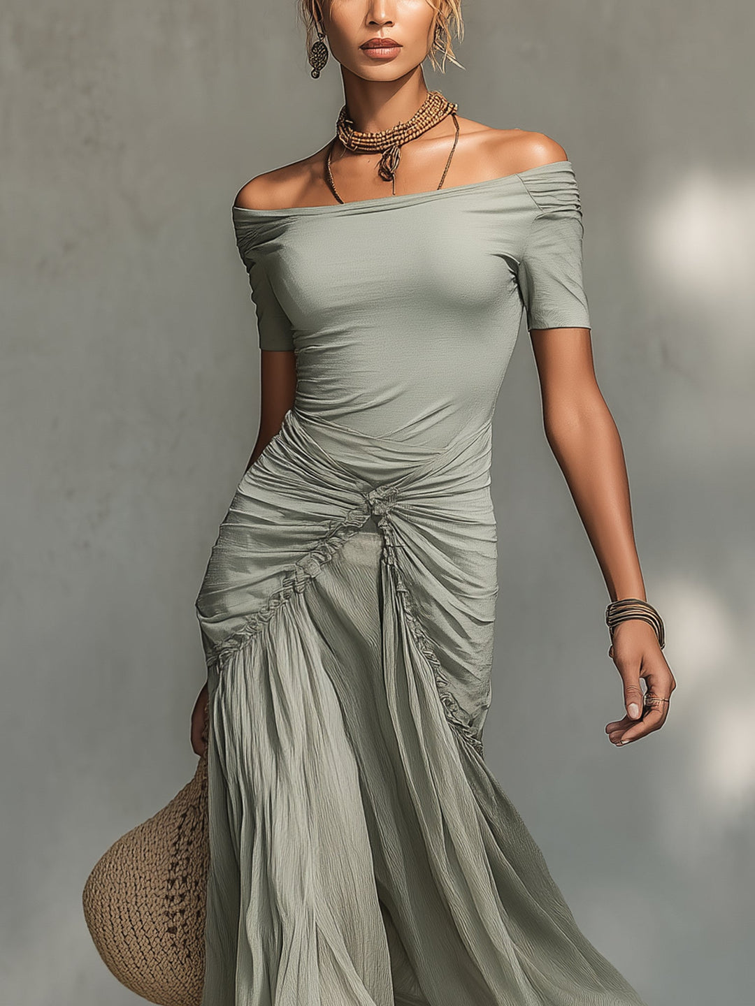 Green Stretch Fabric And Chiffon Maxi Dress