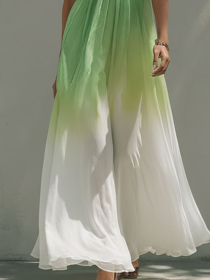 Gradient Green Chiffon Maxi Dress With Lace Trim