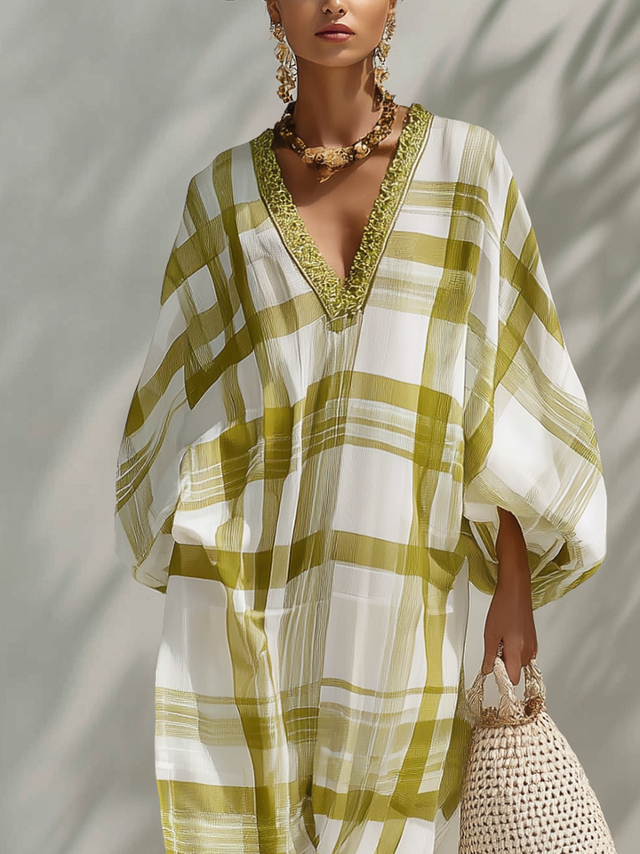 Green Plaid Chiffon Maxi Dress With Ribbon Trim