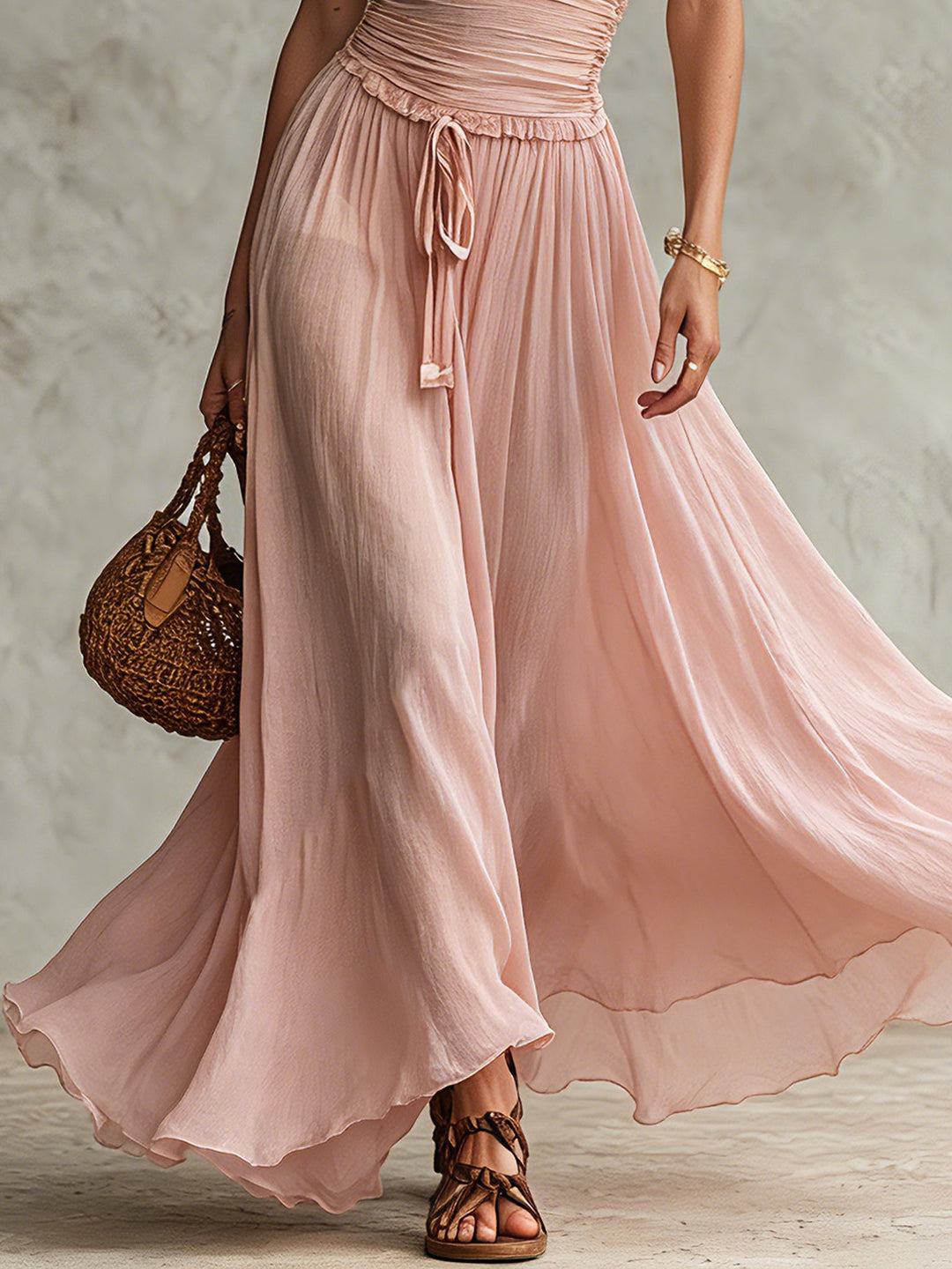 Pink Chiffon Short Sleeve Maxi Dress