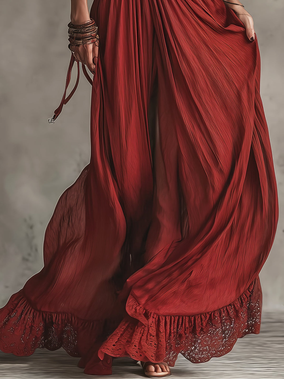 Retro Red Chiffon And Lace Sleeveless Maxi Dress