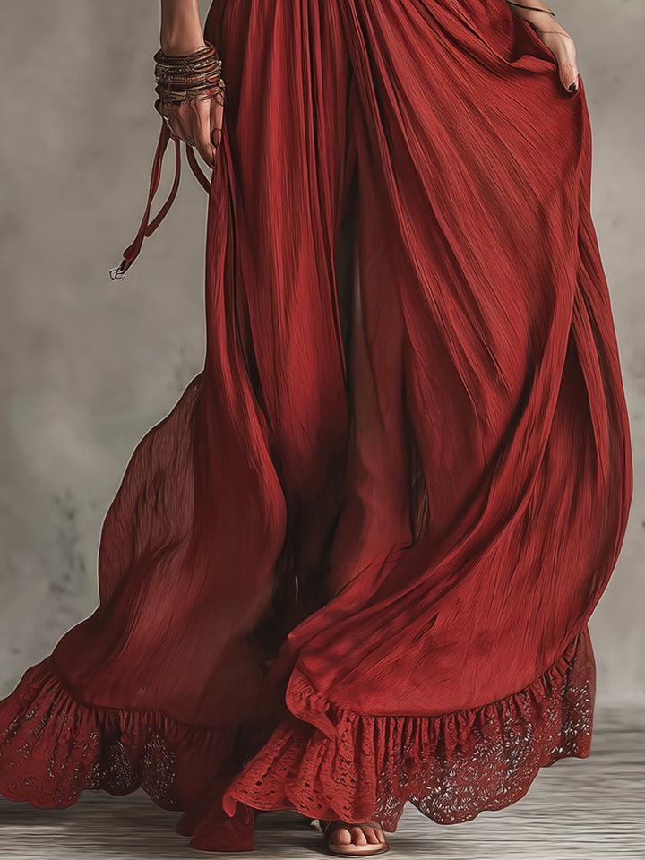 Retro Red Chiffon And Lace Sleeveless Maxi Dress