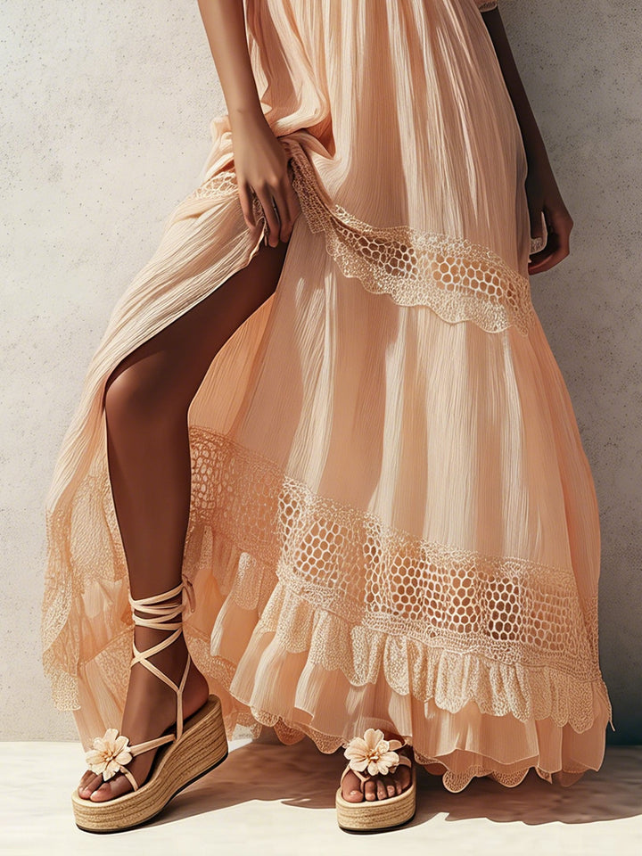 Pink Short Sleeve Ruched Chiffon Maxi Dress