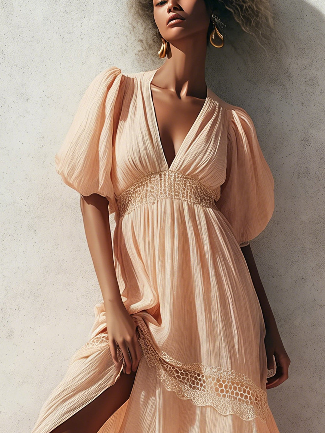 Pink Short Sleeve Ruched Chiffon Maxi Dress