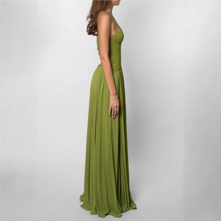 Women's long green pleated corset dress