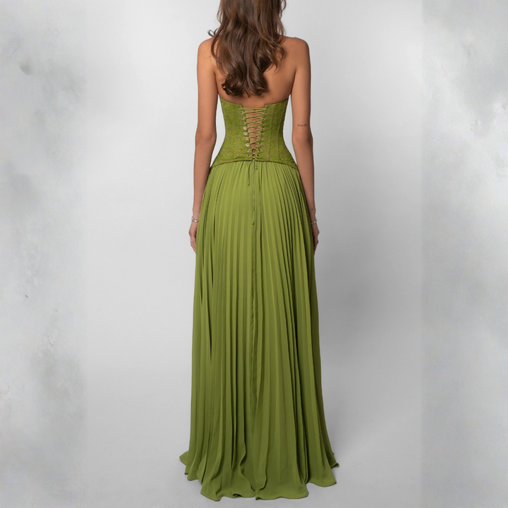 Women's long green pleated corset dress