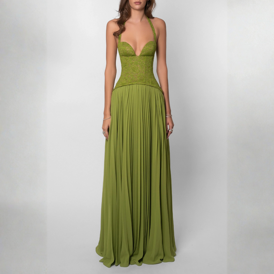 Women's long green pleated corset dress
