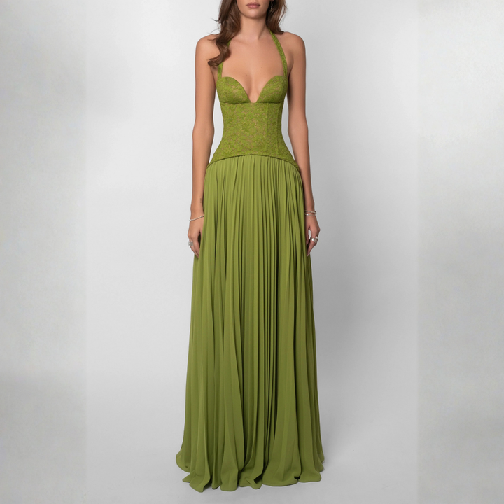 Women's long green pleated corset dress