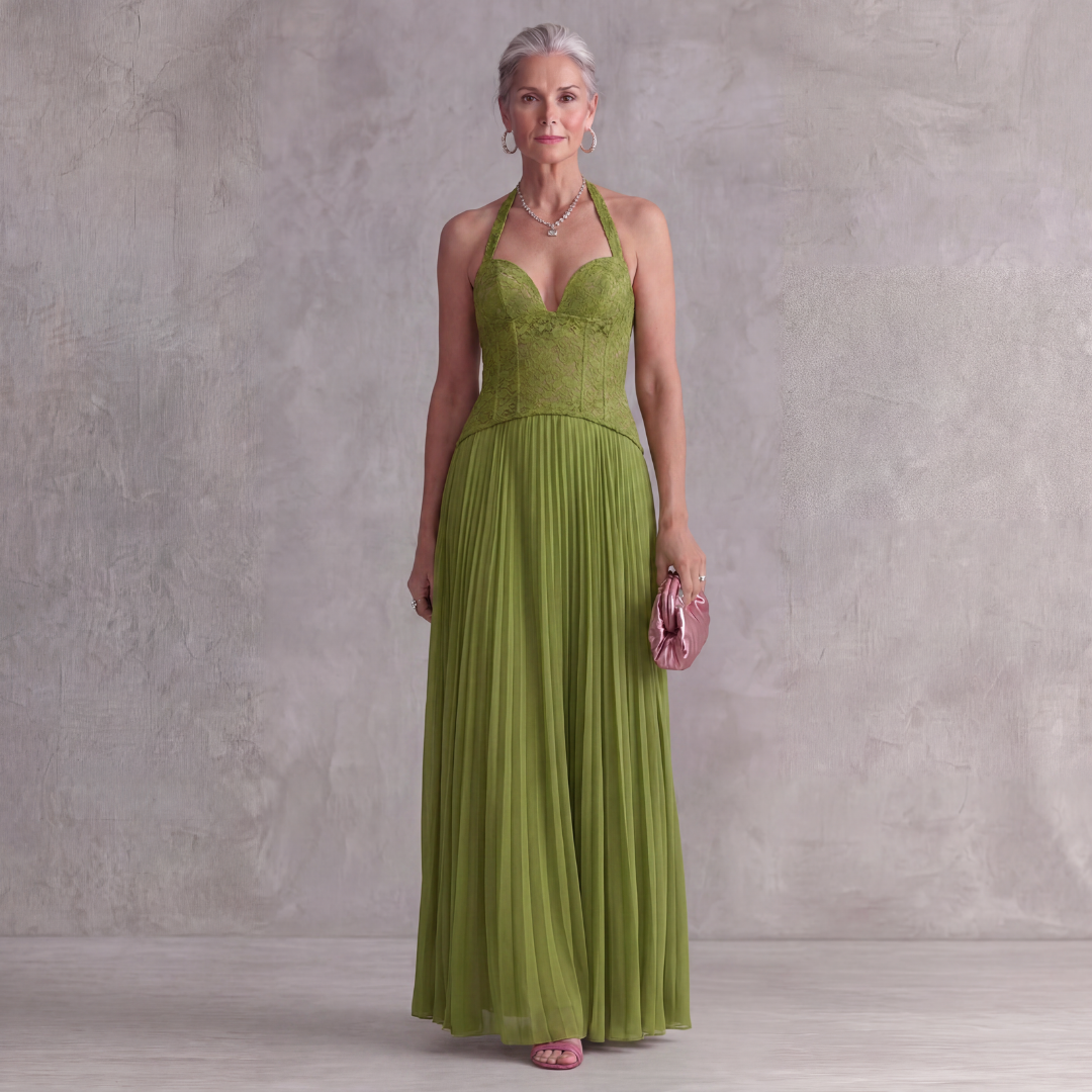 Women's long green pleated corset dress