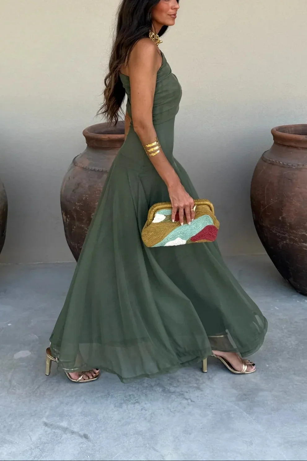 Ida pleated one-Shoulder summer long dress