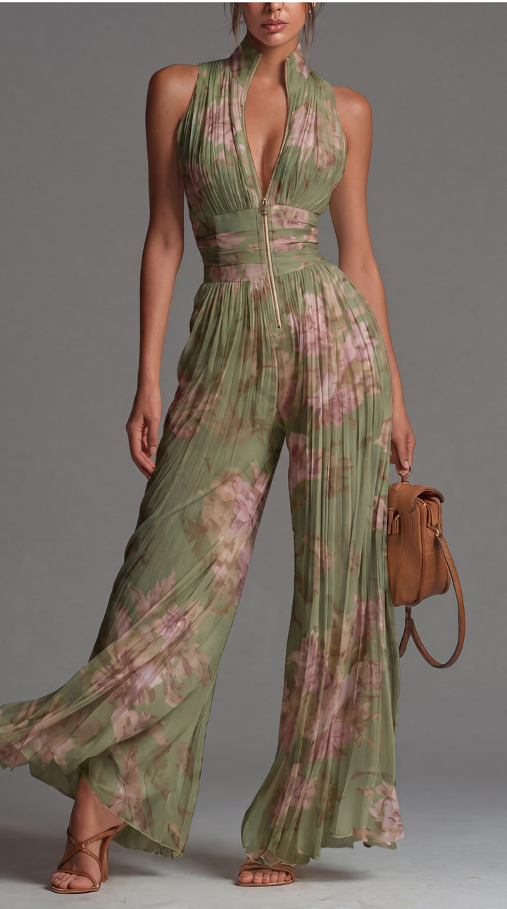 Lilly Pleated Florar Chiffon Jumpsuit