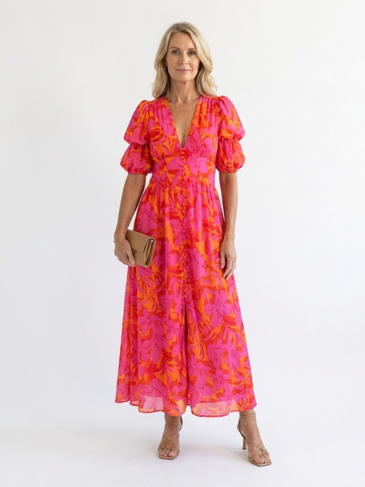 Willow | Floral V Neck Puff Sleeve Midi Dres
