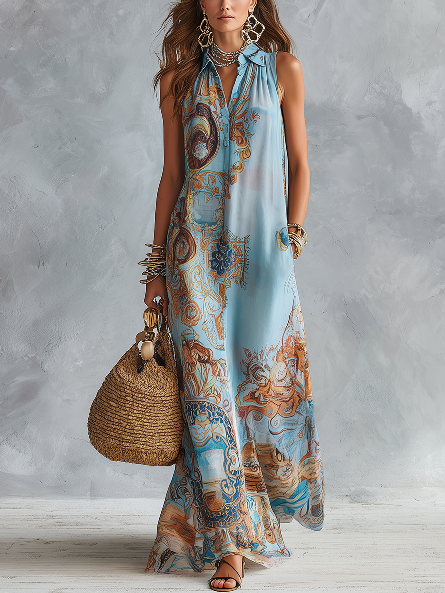 Blue Baroque Print Maxi Dress