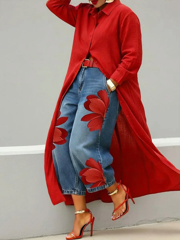 Analie Linen Shirt Dress and Floral Jeans Set