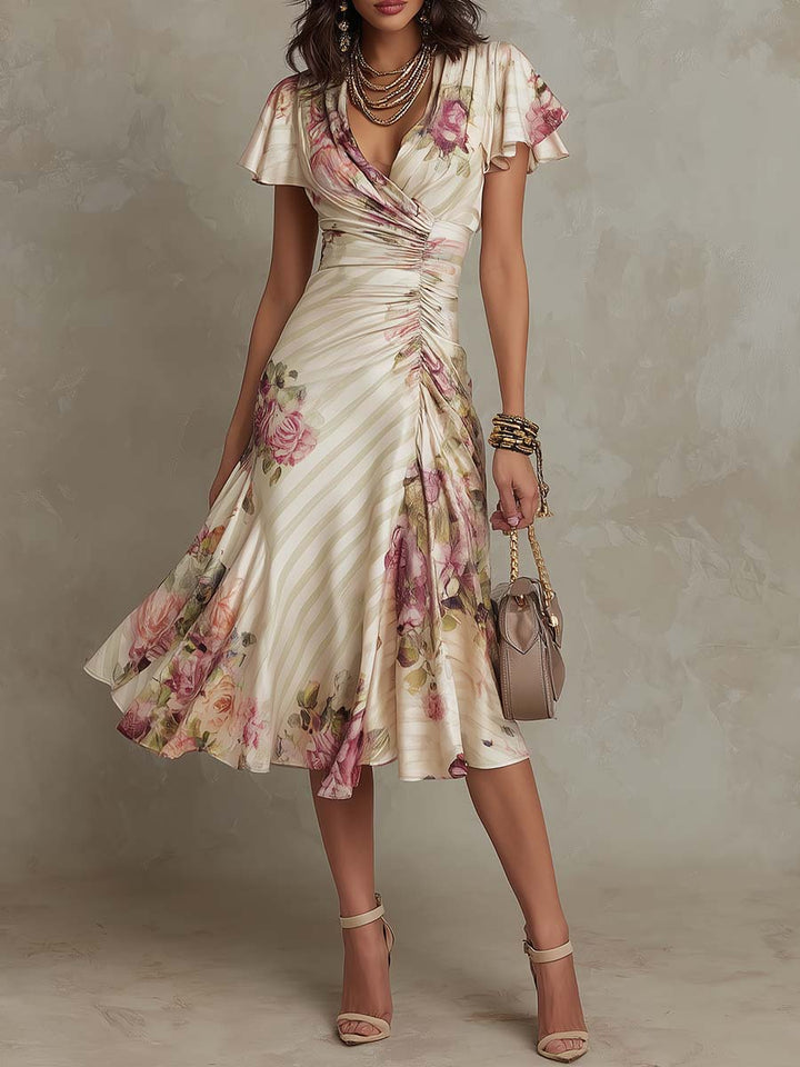 Alba Elegant retro floral satin midi dress