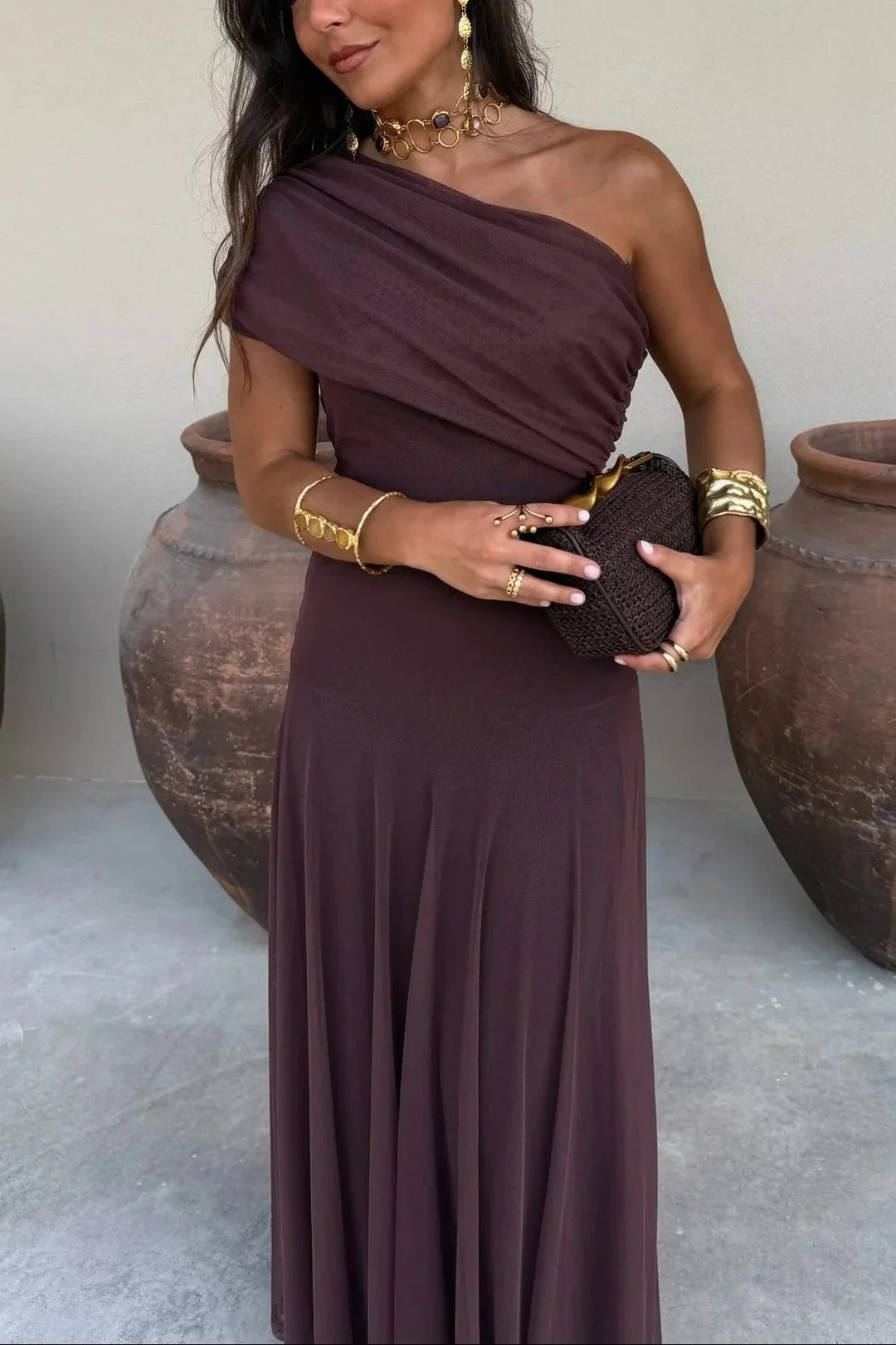 Ida pleated one-Shoulder summer long dress