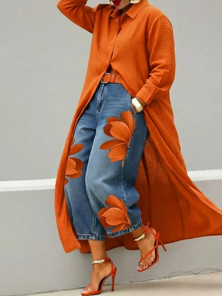 Analie Linen Shirt Dress and Floral Jeans Set