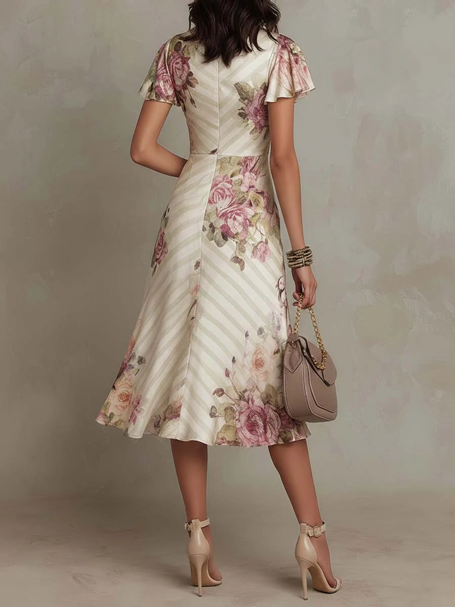 Alba Elegant retro floral satin midi dress