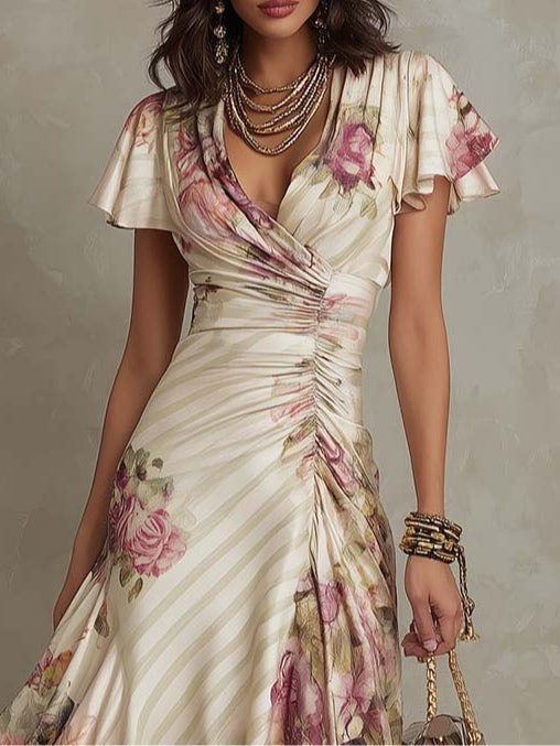 Alba Elegant retro floral satin midi dress