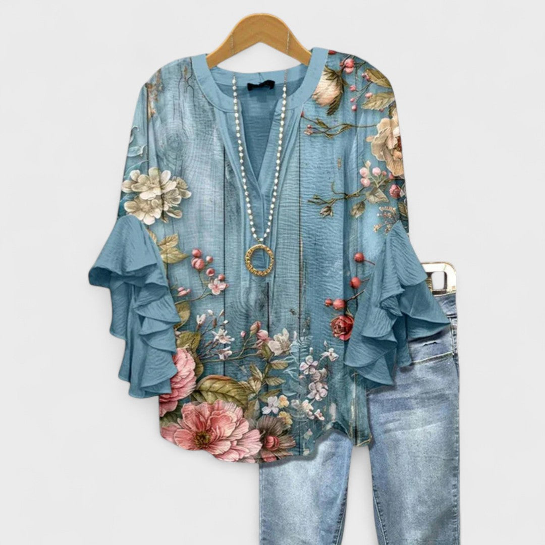 Cordelia Women’s Printed Blouse with Ruffled Sleeves