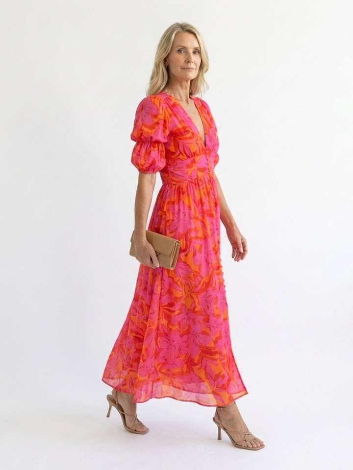 Willow | Floral V Neck Puff Sleeve Midi Dres