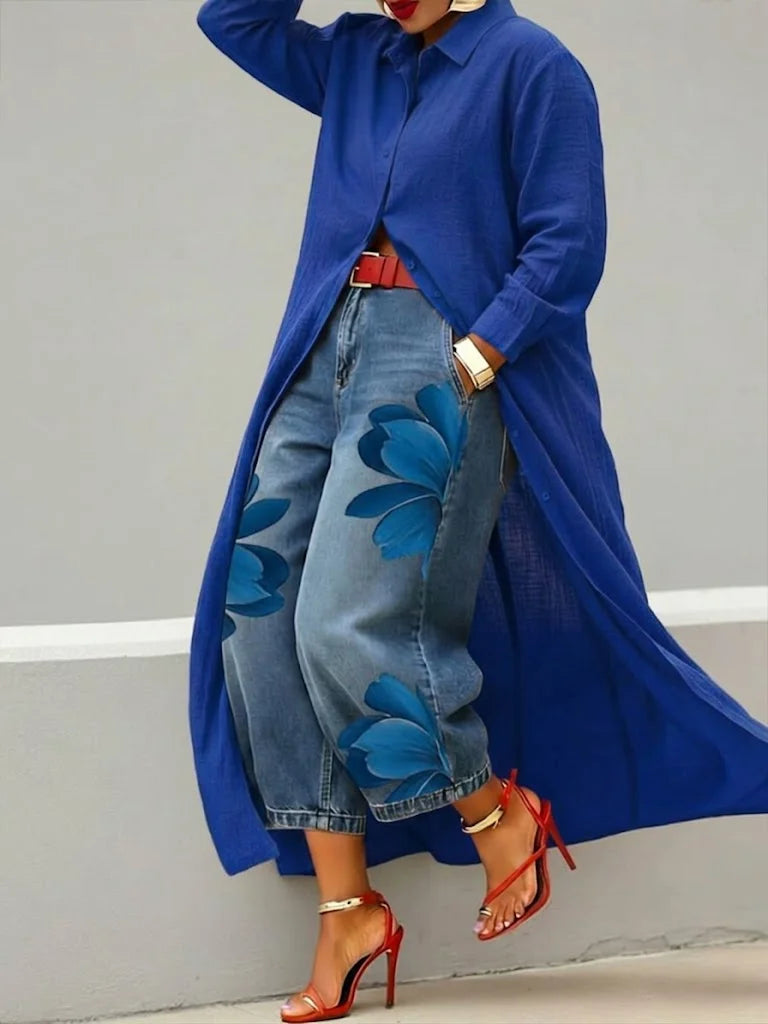 Analie Linen Shirt Dress and Floral Jeans Set