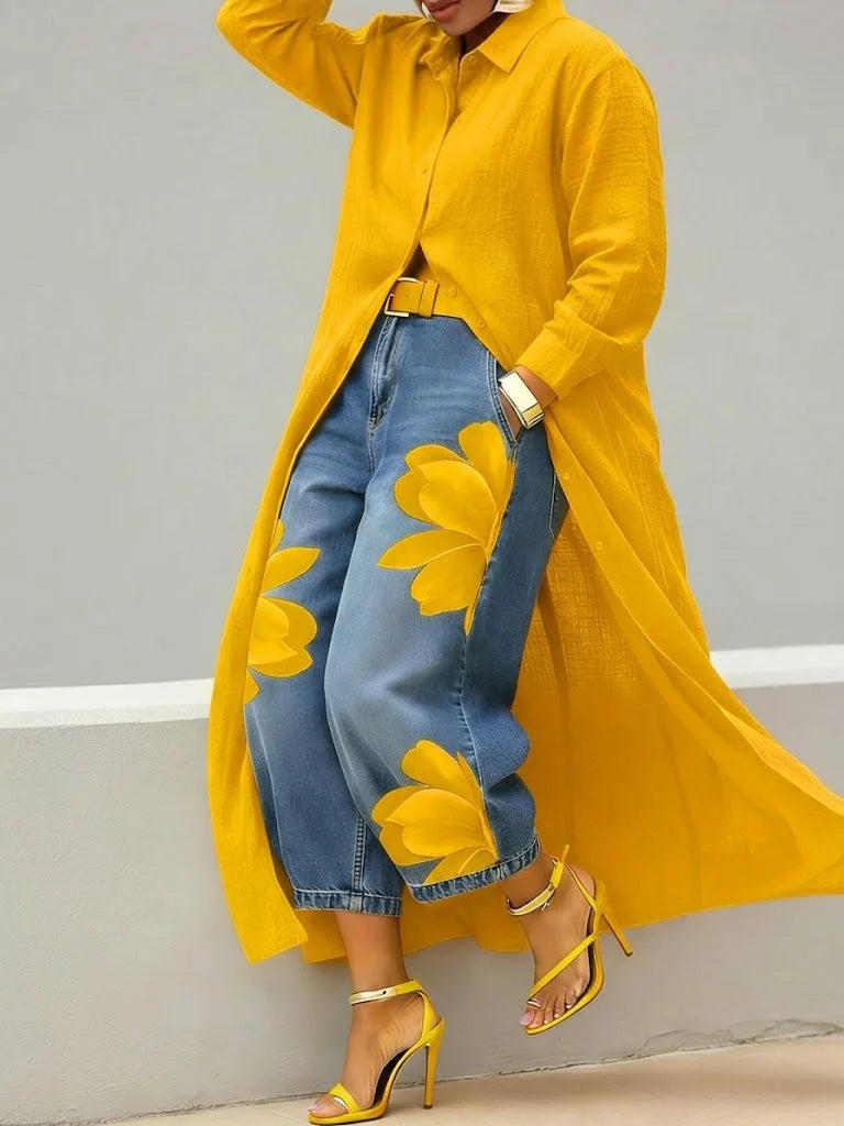 Analie Linen Shirt Dress and Floral Jeans Set