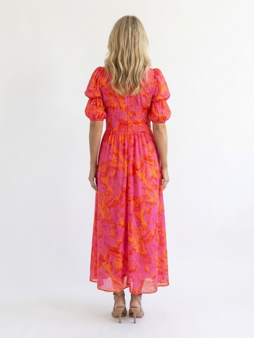 Willow | Floral V Neck Puff Sleeve Midi Dres