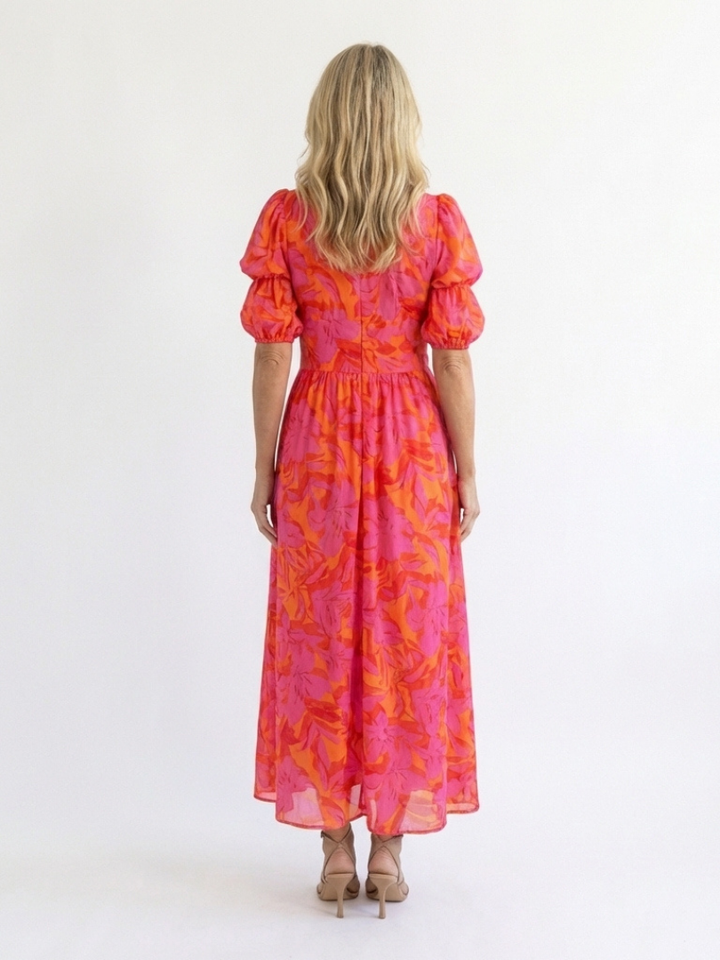 Willow | Floral V Neck Puff Sleeve Midi Dres