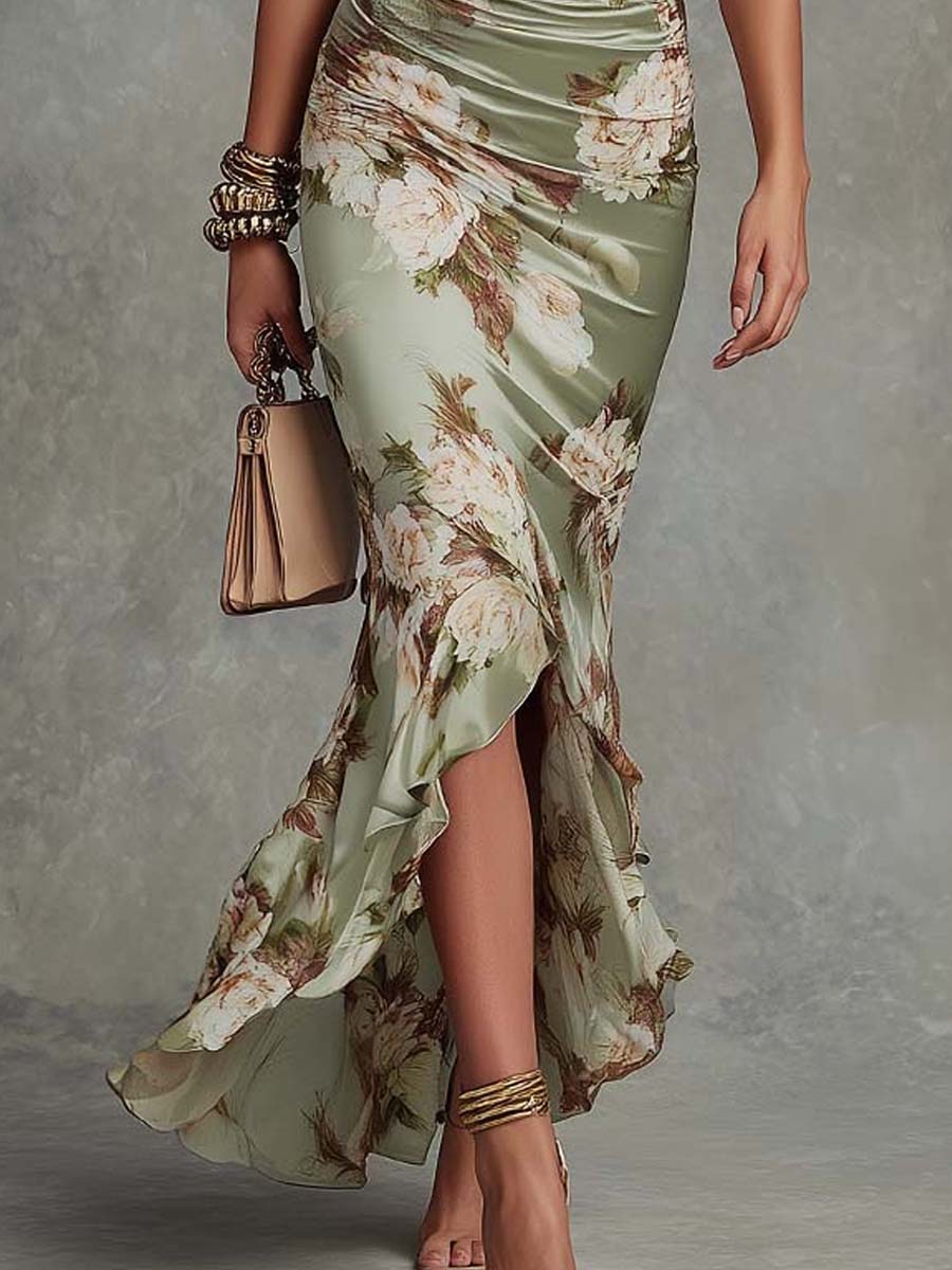 Anna Long asymmetric green satin dress with a V-neckline