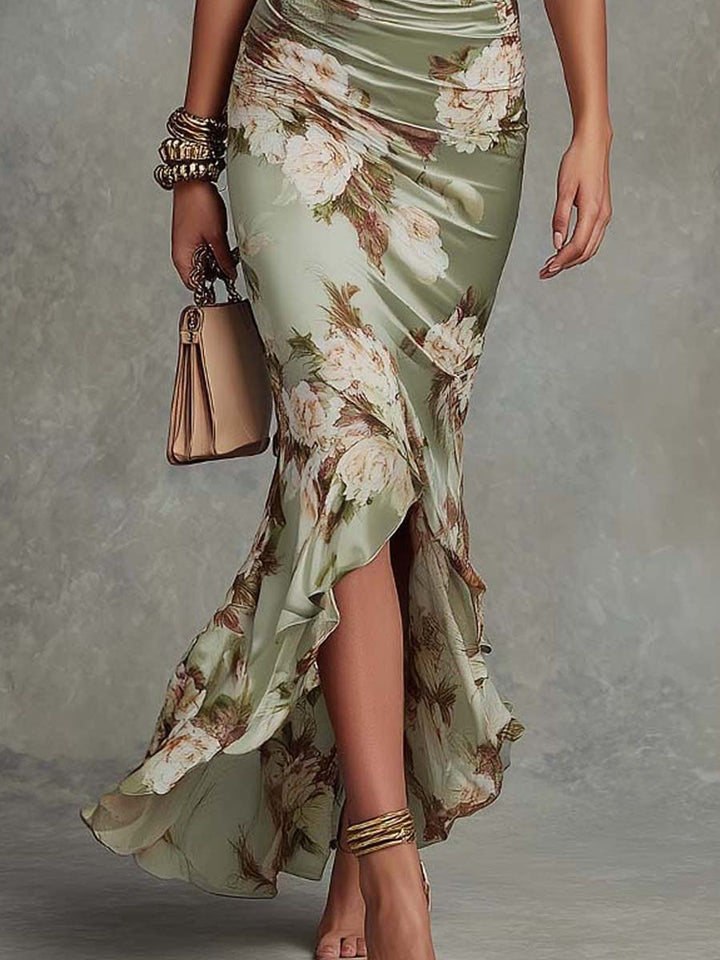 Anna Long asymmetric green satin dress with a V-neckline