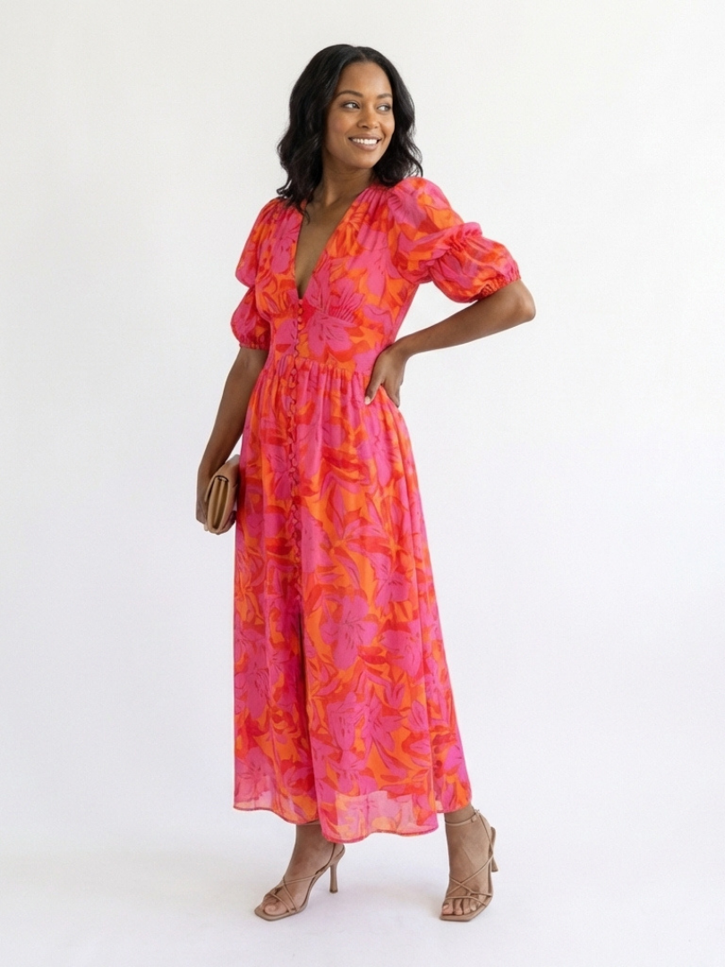 Willow | Floral V Neck Puff Sleeve Midi Dres