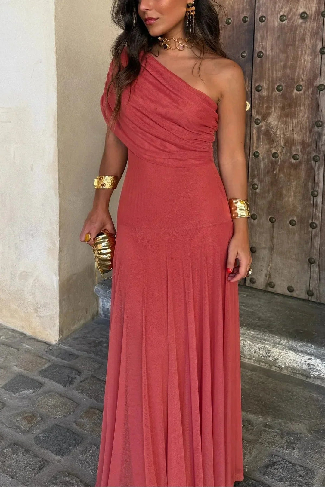 Ida pleated one-Shoulder summer long dress