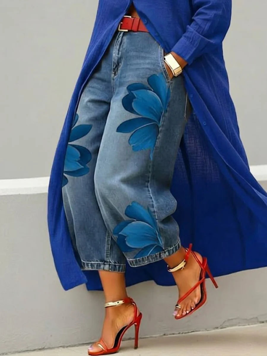Analie Linen Shirt Dress and Floral Jeans Set