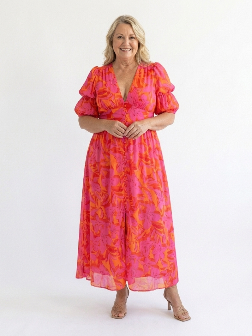 Willow | Floral V Neck Puff Sleeve Midi Dres