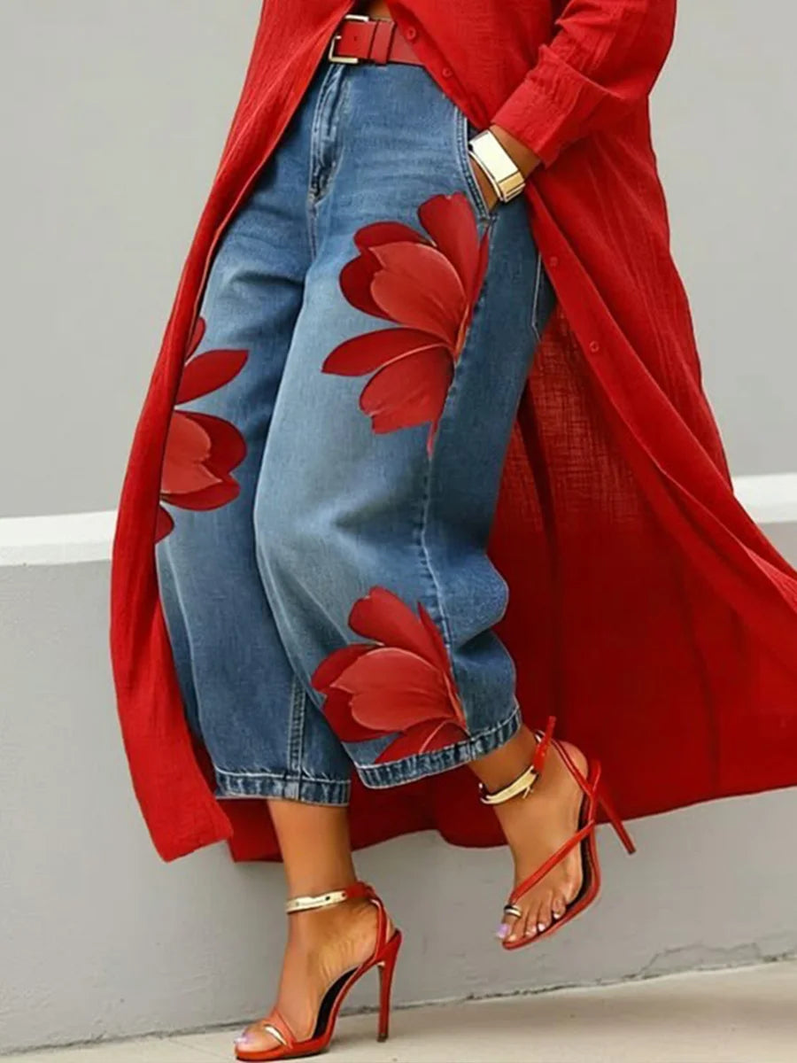 Analie Linen Shirt Dress and Floral Jeans Set